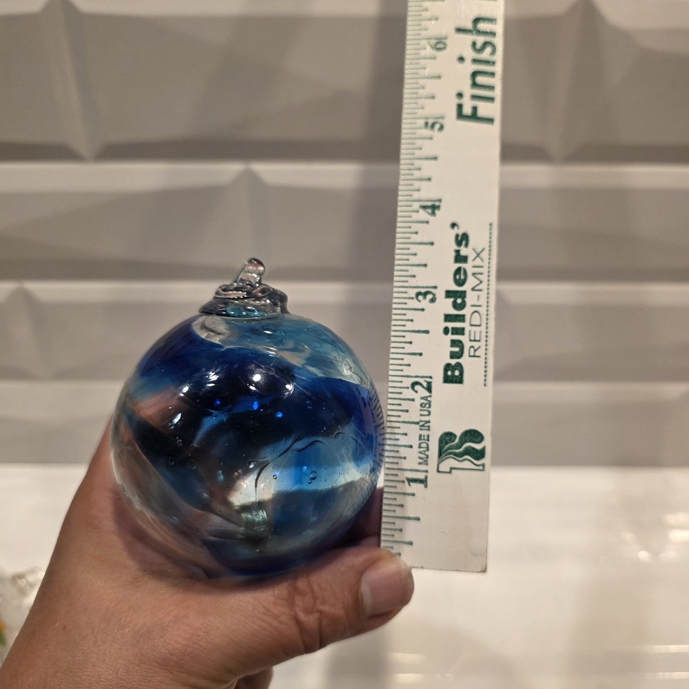 Set Of 2 Art Glass Hand Blown Christmas Ornament Orb Balls Blue Swirl & Multi - Picture 7 of 13